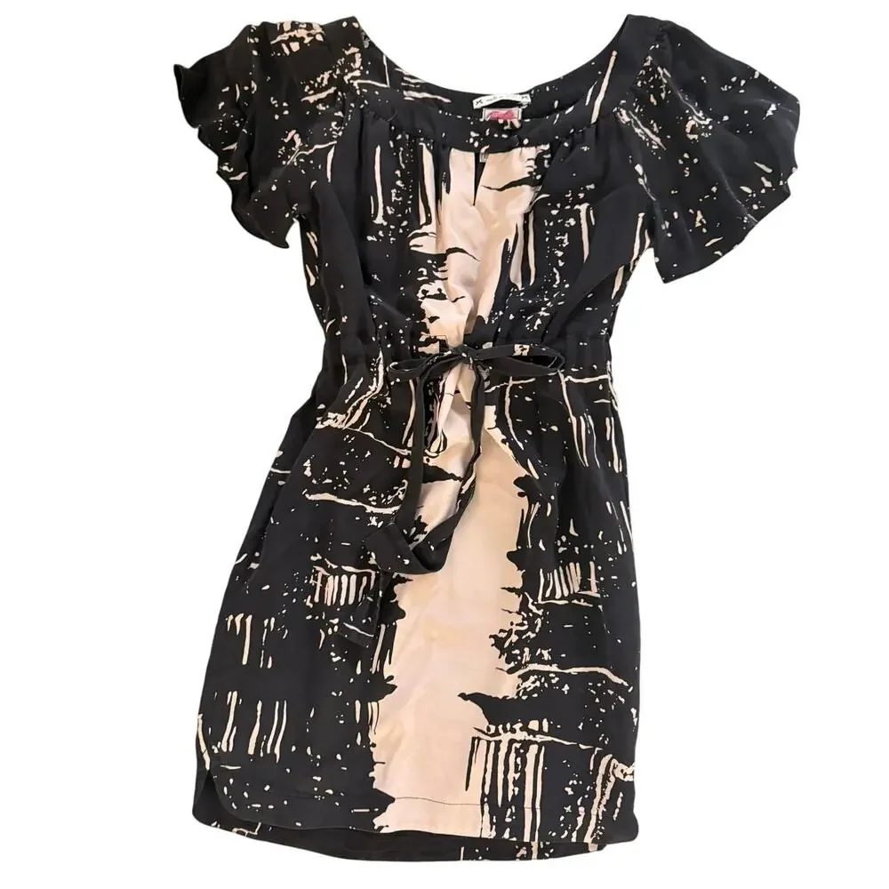 Yoana Baraschi Silk Black Cream Print Flutter Dress Sz 6 - Picture 1 of 5
